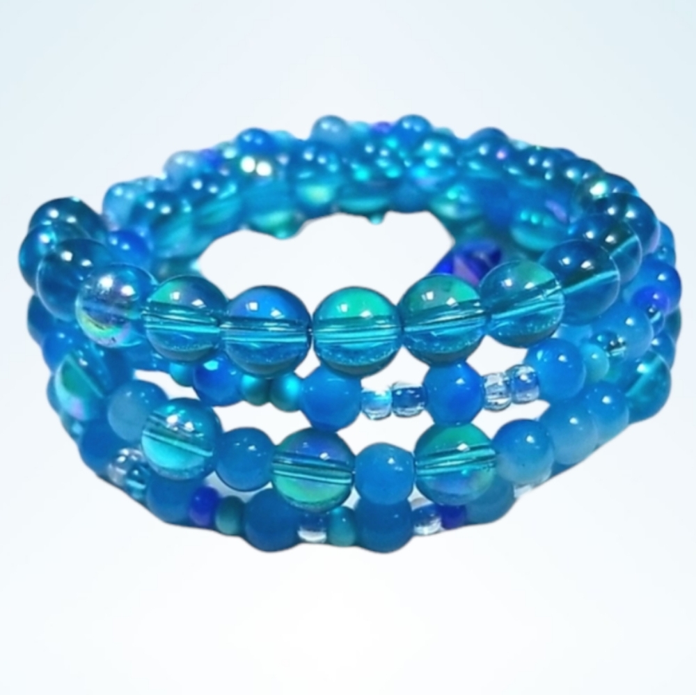 Hand Crafted Mermaid Glass Wrap Style Memory Wire Beaded Bracelet